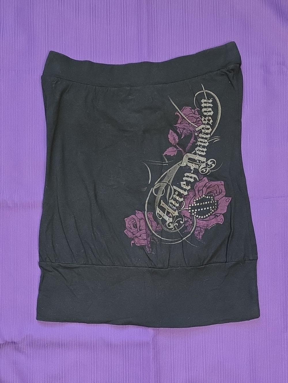 Black Harley-Davidson Tube Top with Purple Floral Graphic